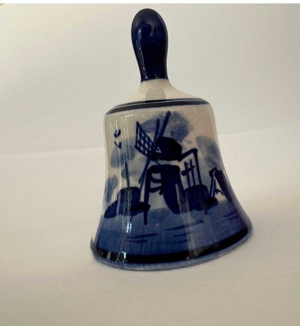 Vintage Delft Blue Bell Elesva Holland 829 Hand Painted Windmill Floral Ceramic